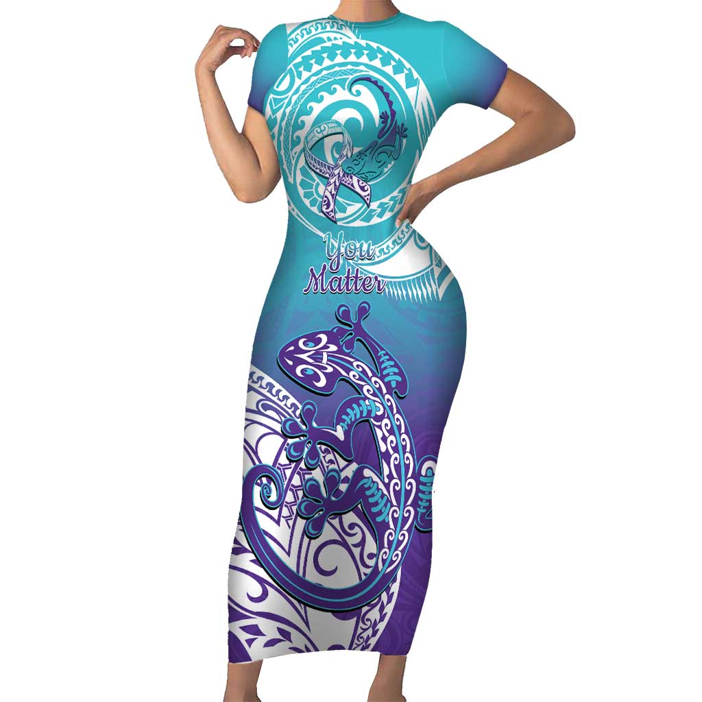 Personalised New Zealand Suicide Prevention Month Family Matching Short Sleeve Bodycon Dress and Hawaiian Shirt You Matter NZ Fern With Maori Koru Lizard LT14 Mom's Dress Teal - Polynesian Pride