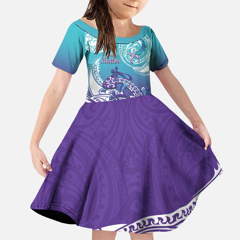 Personalised New Zealand Suicide Prevention Month Family Matching Summer Maxi Dress and Hawaiian Shirt You Matter NZ Fern With Maori Koru Lizard LT14 Daughter's Dress Teal - Polynesian Pride