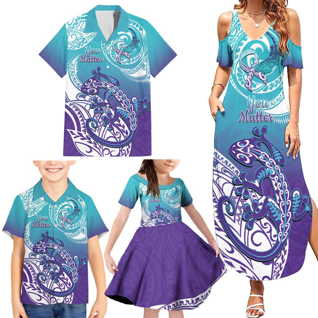 Personalised New Zealand Suicide Prevention Month Family Matching Summer Maxi Dress and Hawaiian Shirt You Matter NZ Fern With Maori Koru Lizard LT14 - Polynesian Pride