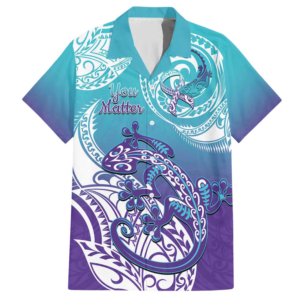 Personalised New Zealand Suicide Prevention Month Family Matching Summer Maxi Dress and Hawaiian Shirt You Matter NZ Fern With Maori Koru Lizard LT14 Dad's Shirt - Short Sleeve Teal - Polynesian Pride
