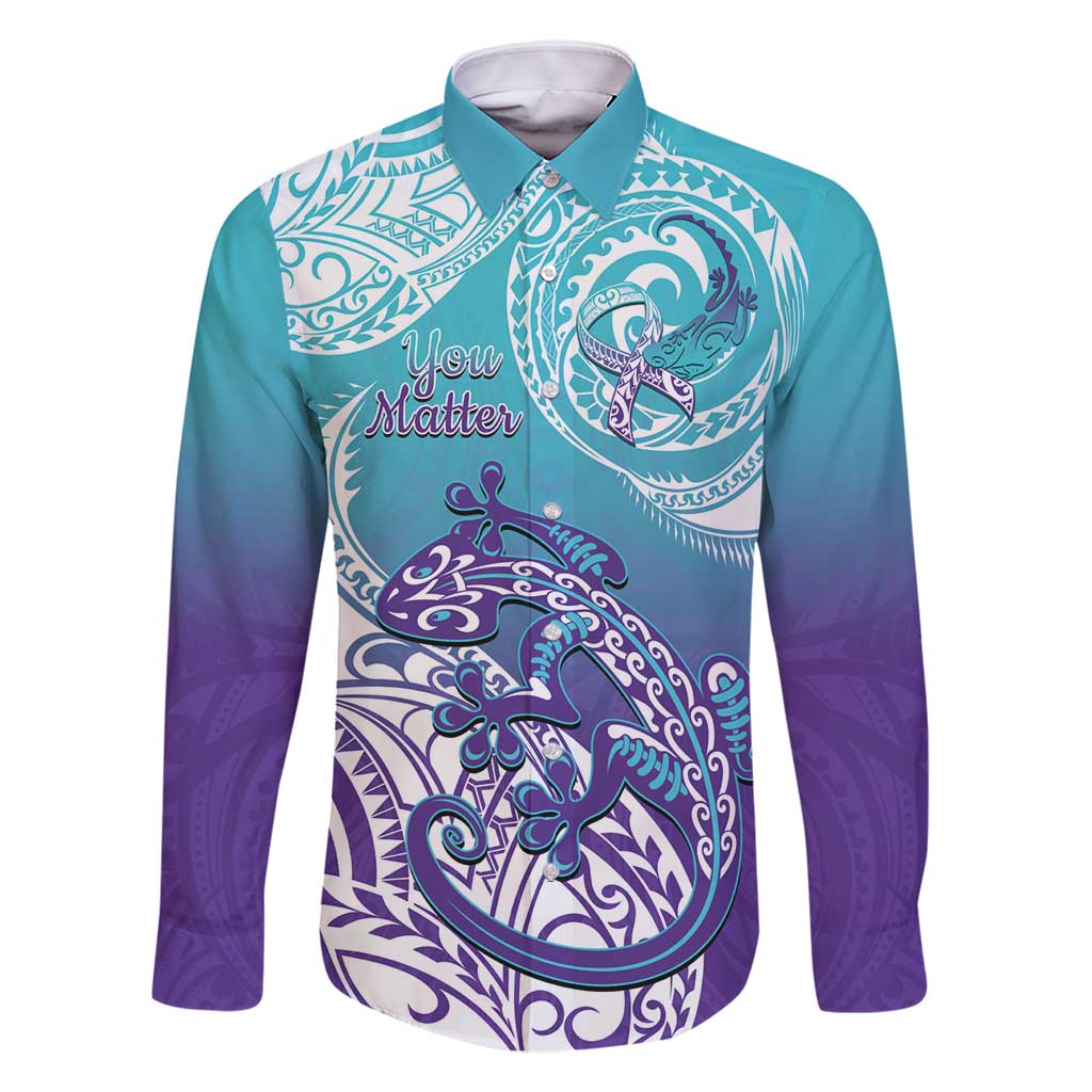 Personalised New Zealand Suicide Prevention Month Family Matching Summer Maxi Dress and Hawaiian Shirt You Matter NZ Fern With Maori Koru Lizard LT14 Dad's Shirt - Long Sleeve Teal - Polynesian Pride