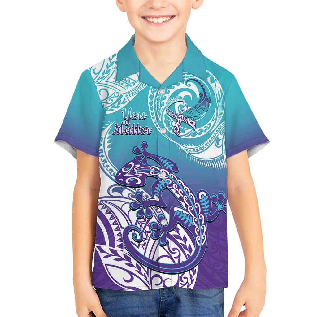Personalised New Zealand Suicide Prevention Month Family Matching Summer Maxi Dress and Hawaiian Shirt You Matter NZ Fern With Maori Koru Lizard LT14 Son's Shirt Teal - Polynesian Pride