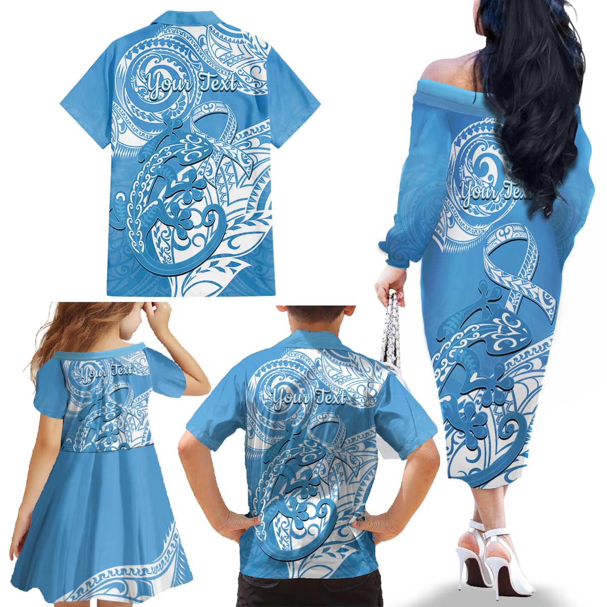 Personalised New Zealand Autism Awareness Family Matching Off The Shoulder Long Sleeve Dress and Hawaiian Shirt NZ Fern With Maori Koru Lizard