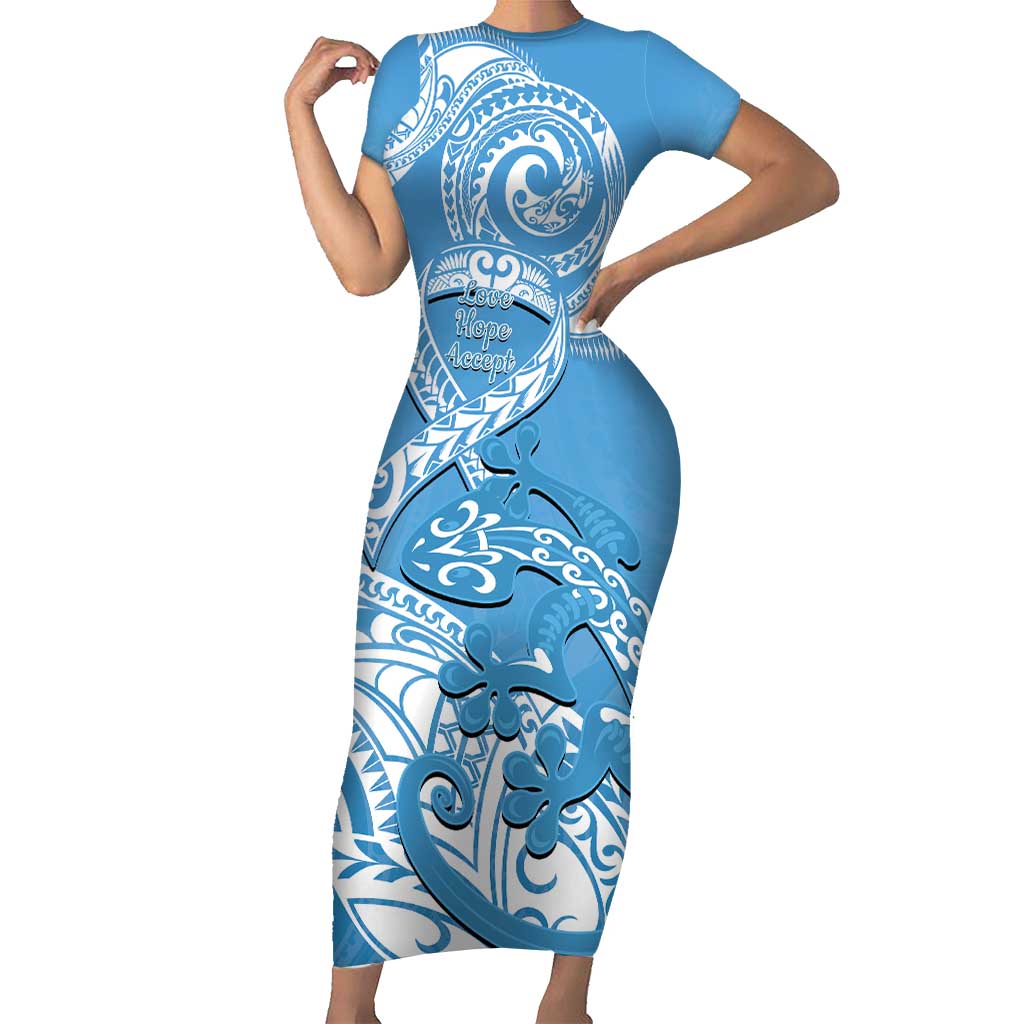 Personalised New Zealand Autism Awareness Short Sleeve Bodycon Dress NZ Fern With Maori Koru Lizard LT14 Long Dress Blue - Polynesian Pride