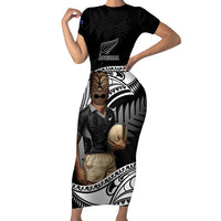 Custom New Zealand Silver Fern Rugby Family Matching Short Sleeve Bodycon Dress and Hawaiian Shirt 2024 Aotearoa Maori Mascot Go All Black LT14 Mom's Dress Black - Polynesian Pride