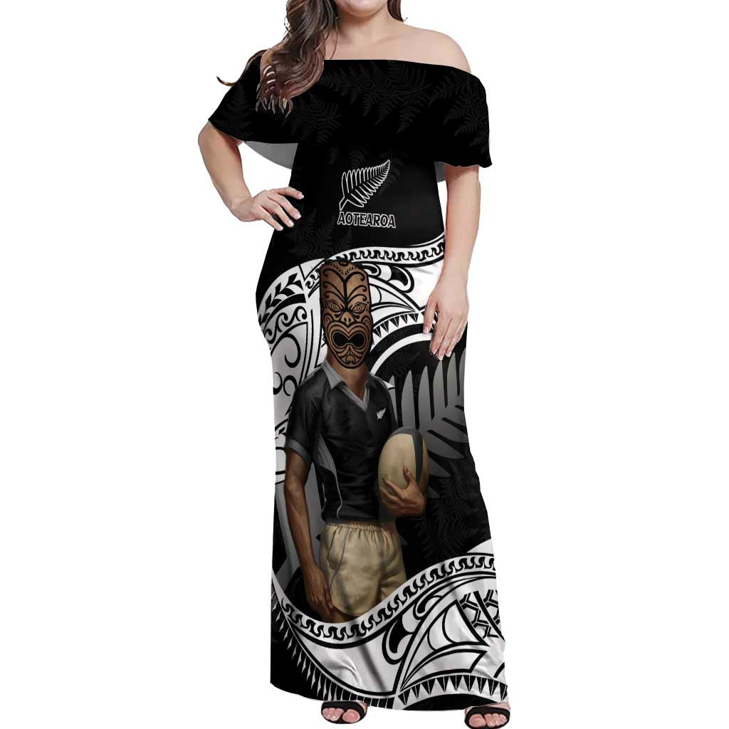 Custom New Zealand Silver Fern Rugby Off Shoulder Maxi Dress 2024 Aotearoa Maori Mascot Go All Black LT14 Women Black - Polynesian Pride