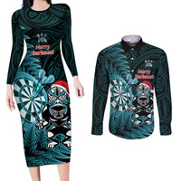 Personalised New Zealand Darts Christmas Couples Matching Long Sleeve Bodycon Dress and Long Sleeve Button Shirt Maori Fern Merry Dartsmas - Polynesian Pride