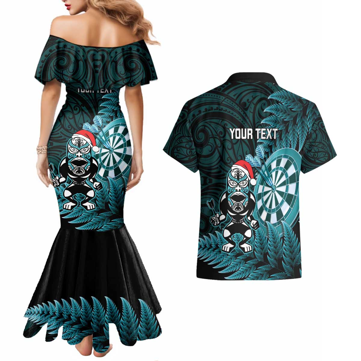 Personalised New Zealand Darts Christmas Couples Matching Mermaid Dress and Hawaiian Shirt Maori Fern Merry Dartsmas - Polynesian Pride