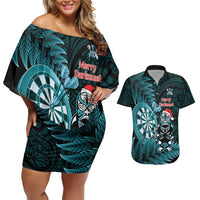 Personalised New Zealand Darts Christmas Couples Matching Off Shoulder Short Dress and Hawaiian Shirt Maori Fern Merry Dartsmas - Polynesian Pride