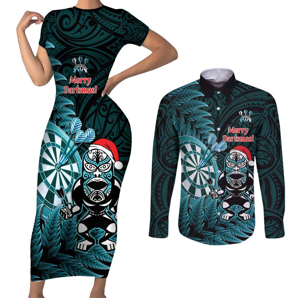 Personalised New Zealand Darts Christmas Couples Matching Short Sleeve Bodycon Dress and Long Sleeve Button Shirt Maori Fern Merry Dartsmas - Polynesian Pride