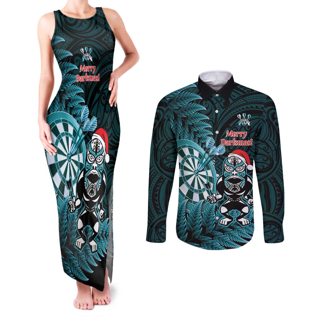 Personalised New Zealand Darts Christmas Couples Matching Tank Maxi Dress and Long Sleeve Button Shirt Maori Fern Merry Dartsmas - Polynesian Pride