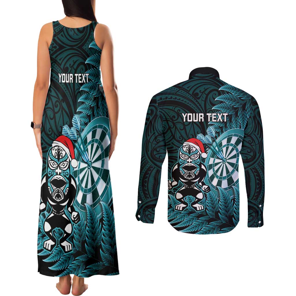 Personalised New Zealand Darts Christmas Couples Matching Tank Maxi Dress and Long Sleeve Button Shirt Maori Fern Merry Dartsmas - Polynesian Pride