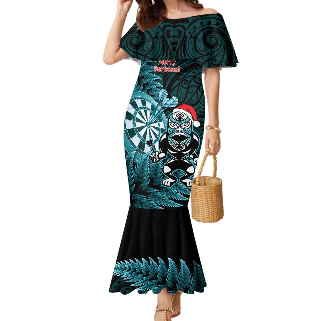 Personalised New Zealand Darts Christmas Family Matching Mermaid Dress and Hawaiian Shirt Maori Fern Merry Dartsmas - Polynesian Pride