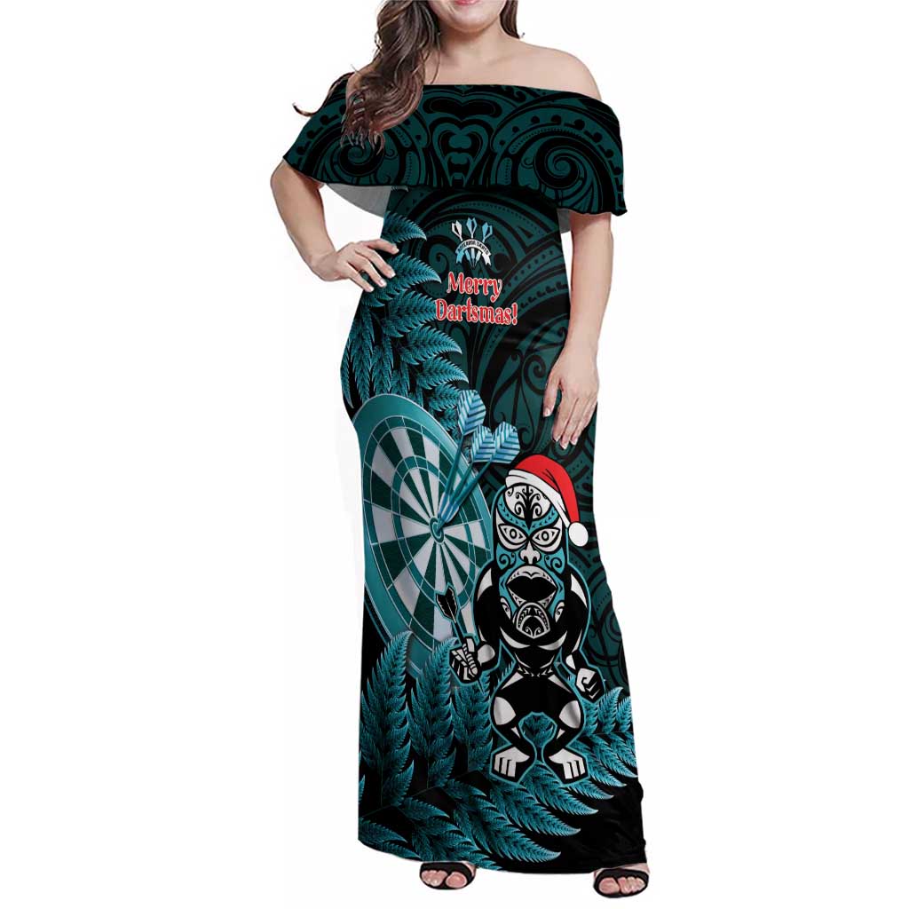 Personalised New Zealand Darts Christmas Family Matching Off Shoulder Maxi Dress and Hawaiian Shirt Maori Fern Merry Dartsmas - Polynesian Pride