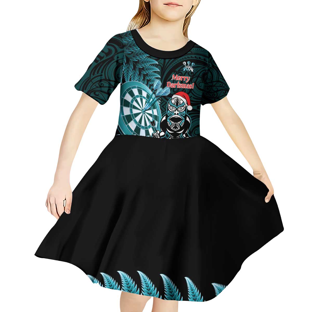 Personalised New Zealand Darts Christmas Kid Short Sleeve Dress Maori Fern Merry Dartsmas - Polynesian Pride