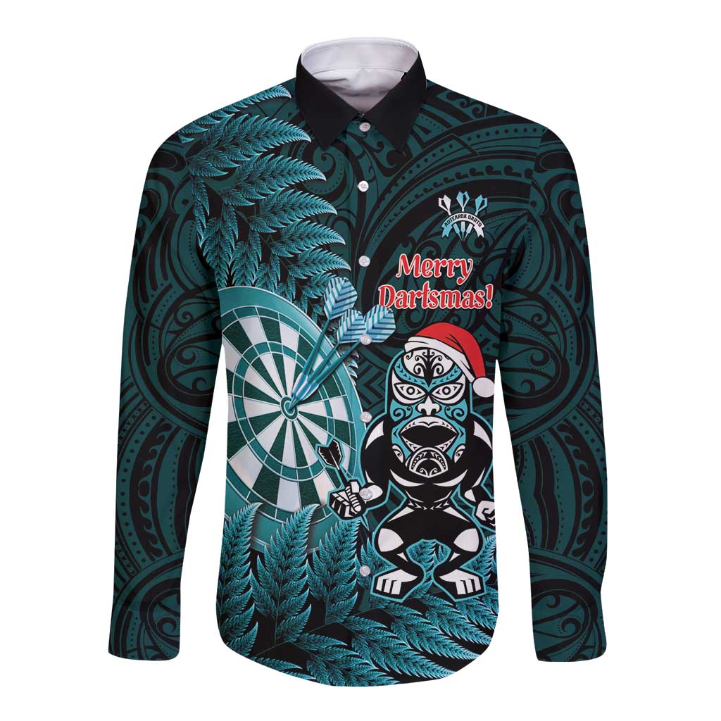 Personalised New Zealand Darts Christmas Long Sleeve Button Shirt Maori Fern Merry Dartsmas - Polynesian Pride