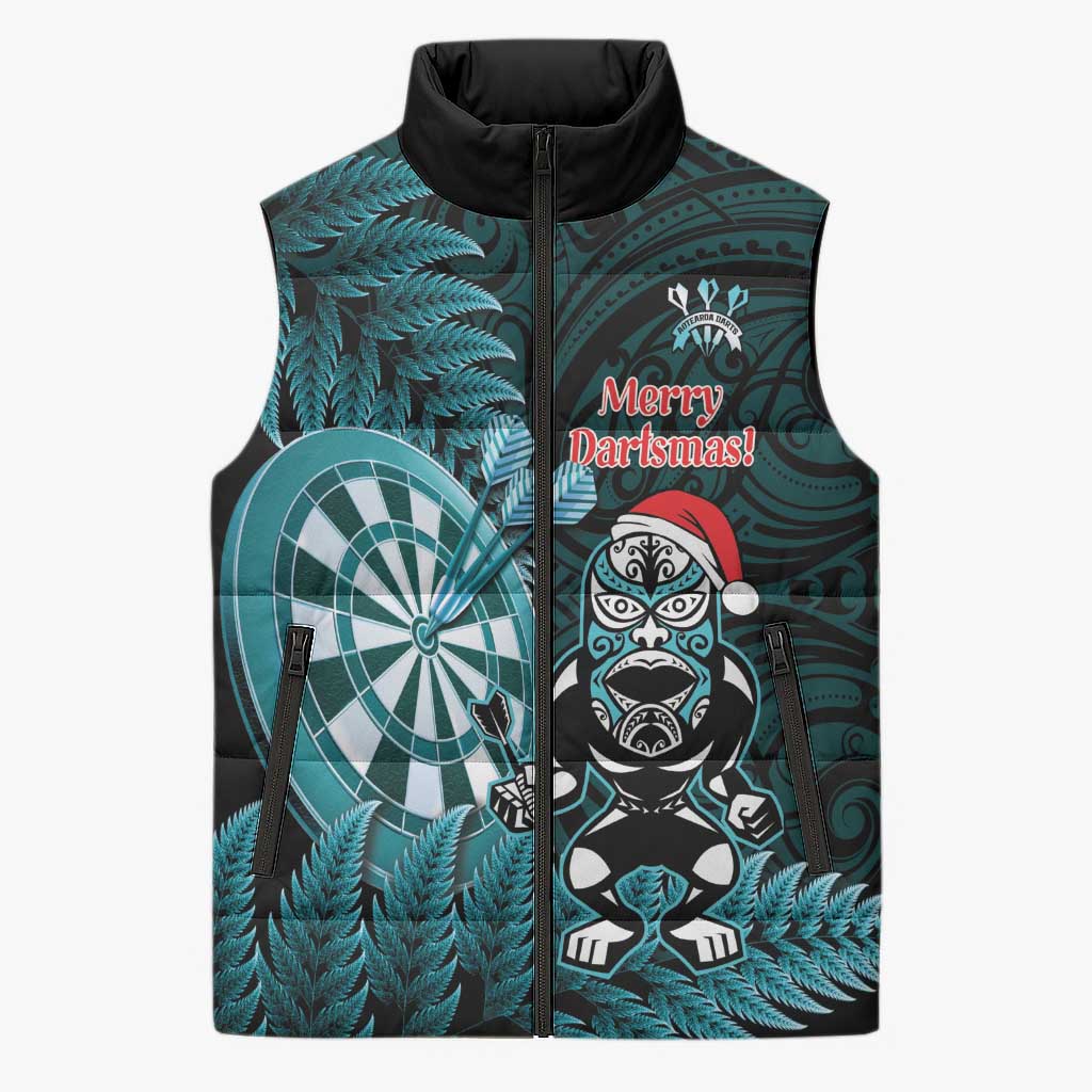Personalised New Zealand Darts Christmas Sleeveless Puffer Jacket Maori Fern Merry Dartsmas - Polynesian Pride