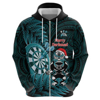 Personalised New Zealand Darts Christmas Zip Hoodie Maori Fern Merry Dartsmas - Polynesian Pride
