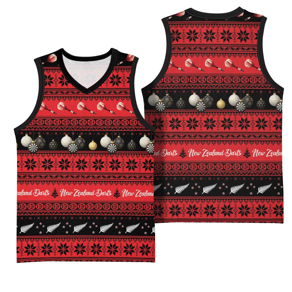 New Zealand Darts Christmas Basketball Jersey Merry Xmas Aotearoa Maori Red - Polynesian Pride