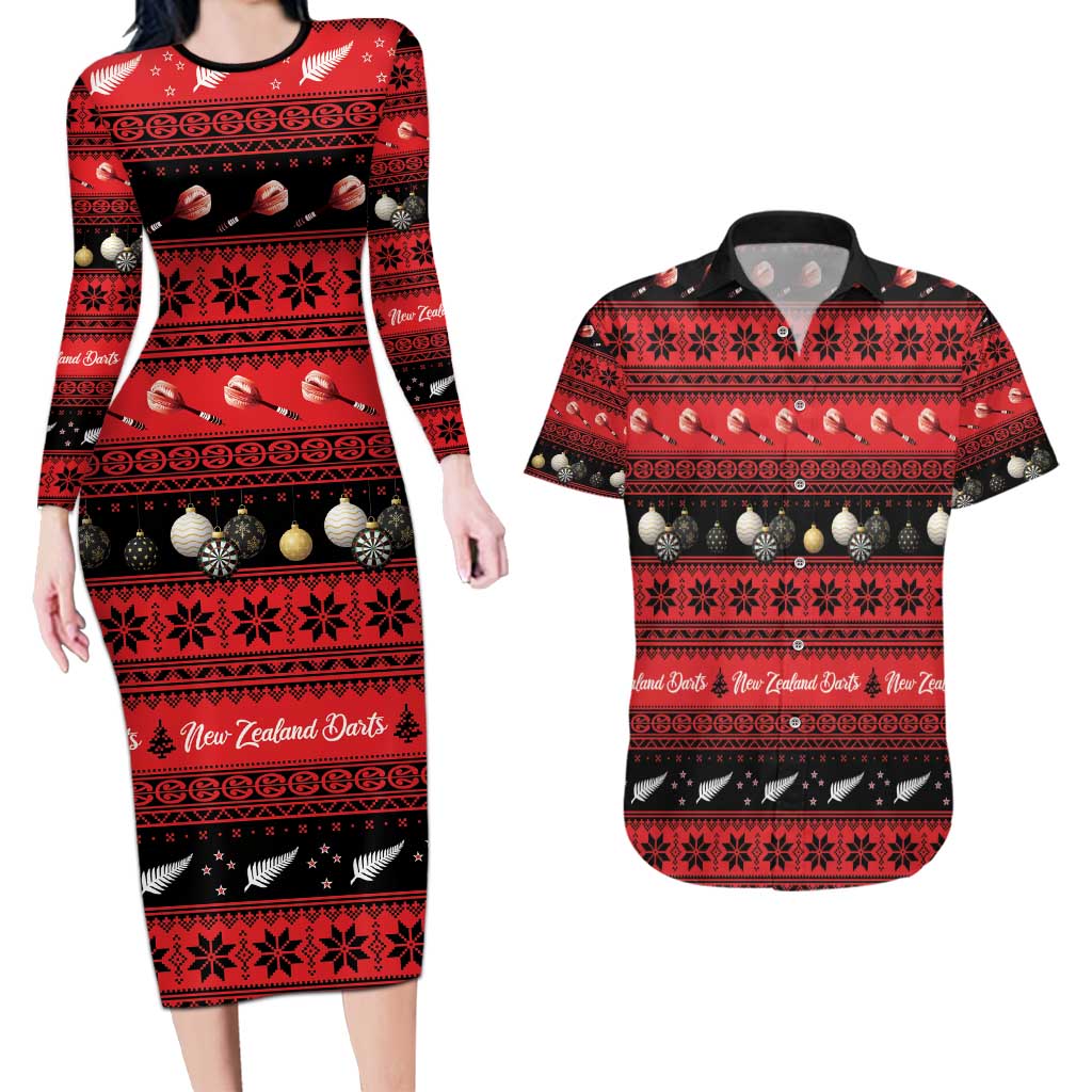 New Zealand Darts Christmas Couples Matching Long Sleeve Bodycon Dress and Hawaiian Shirt Merry Xmas Aotearoa Maori Red - Polynesian Pride