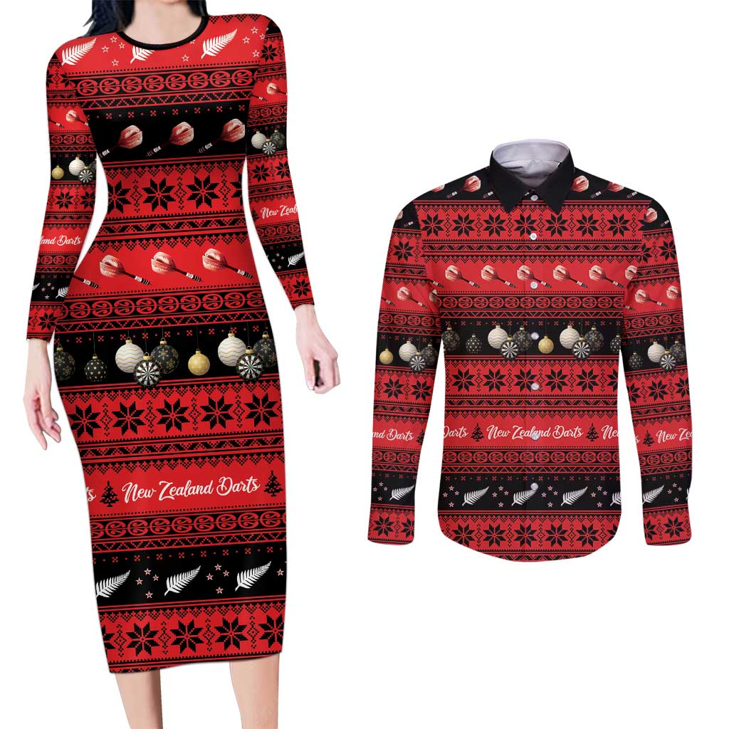 New Zealand Darts Christmas Couples Matching Long Sleeve Bodycon Dress and Long Sleeve Button Shirt Merry Xmas Aotearoa Maori Red - Polynesian Pride