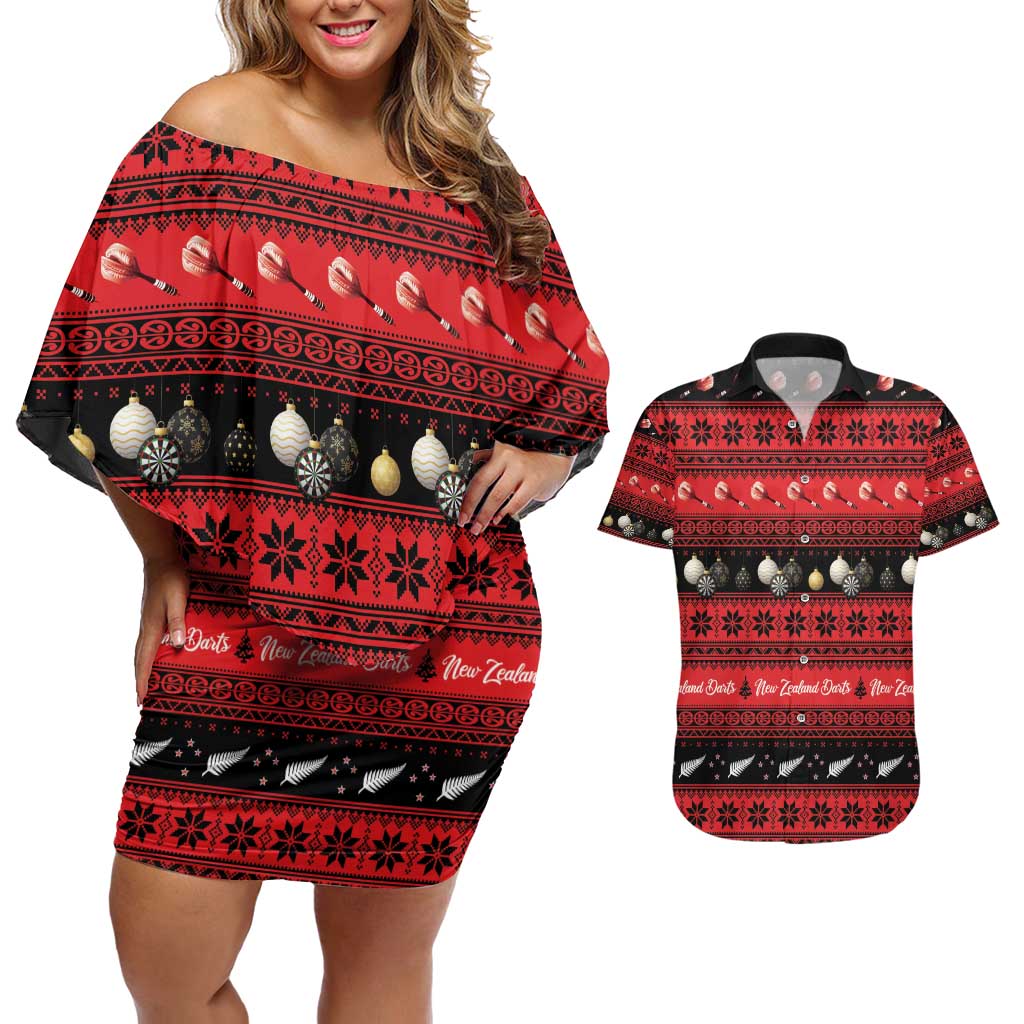 New Zealand Darts Christmas Couples Matching Off Shoulder Short Dress and Hawaiian Shirt Merry Xmas Aotearoa Maori Red - Polynesian Pride
