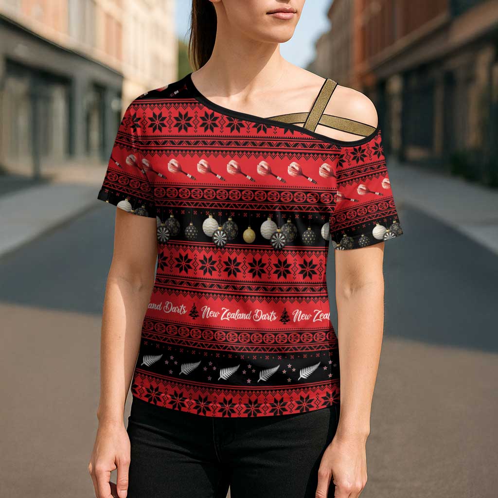 New Zealand Darts Christmas Cross Shoulder Shirt Merry Xmas Aotearoa Maori Red - Polynesian Pride
