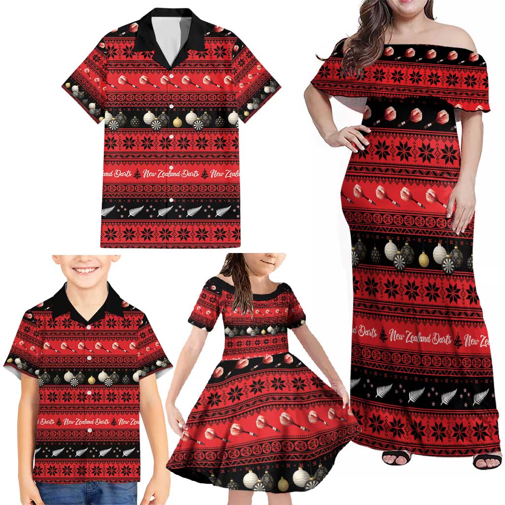New Zealand Darts Christmas Family Matching Off Shoulder Maxi Dress and Hawaiian Shirt Merry Xmas Aotearoa Maori Red - Polynesian Pride