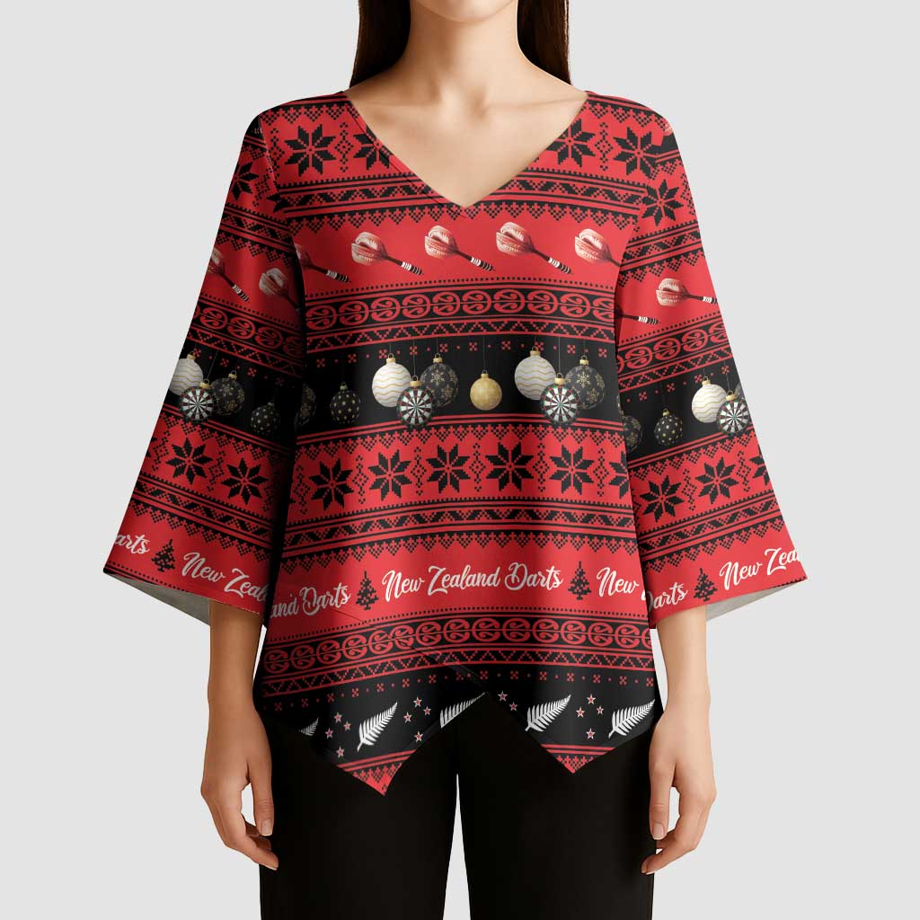 New Zealand Darts Christmas Kimono Sleeve Blouse Merry Xmas Aotearoa Maori Red - Polynesian Pride