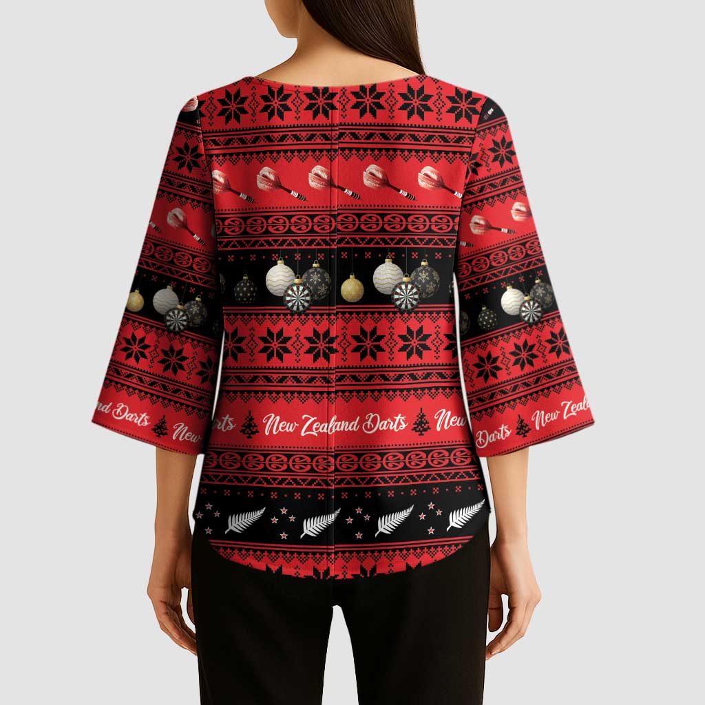 New Zealand Darts Christmas Kimono Sleeve Blouse Merry Xmas Aotearoa Maori Red - Polynesian Pride