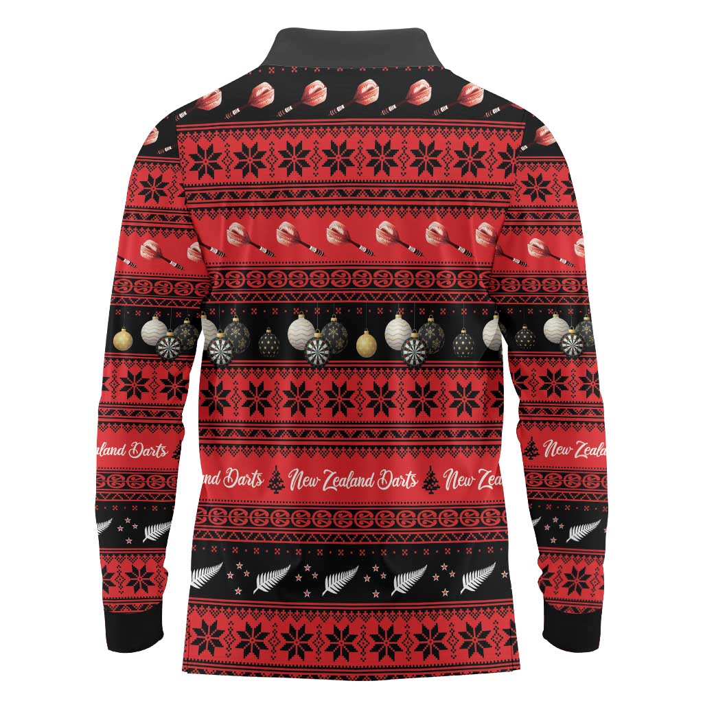 New Zealand Darts Christmas Long Sleeve Polo Shirt Merry Xmas Aotearoa Maori Red - Polynesian Pride