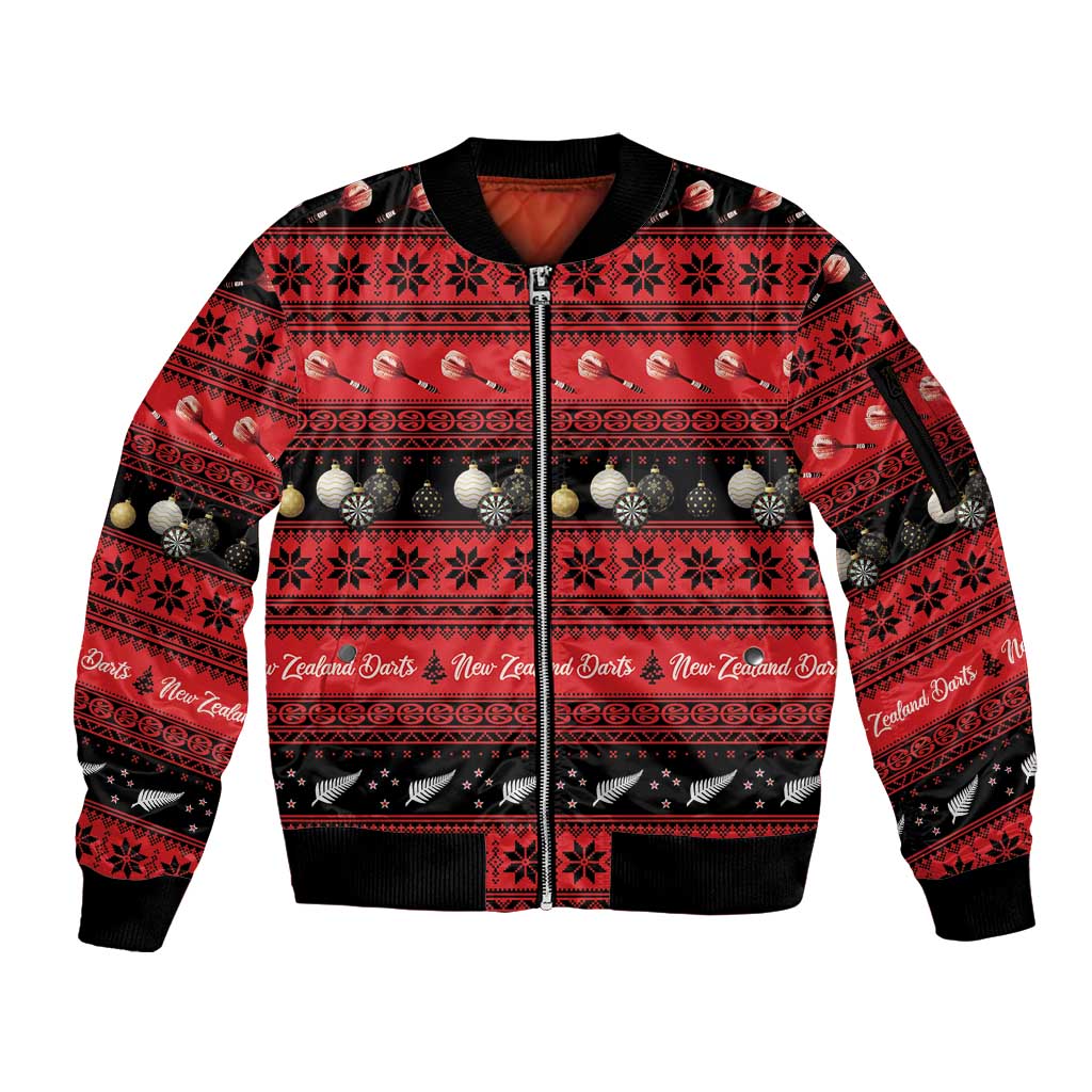 New Zealand Darts Christmas Sleeve Zip Bomber Jacket Merry Xmas Aotearoa Maori Red - Polynesian Pride