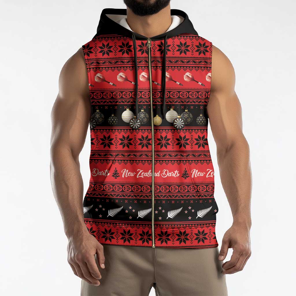 New Zealand Darts Christmas Sleeveless Zip Hoodie Merry Xmas Aotearoa Maori Red - Polynesian Pride