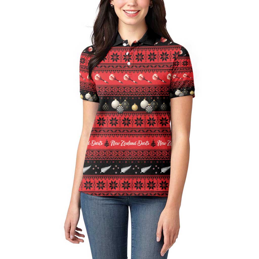 New Zealand Darts Christmas Women Polo Shirt Merry Xmas Aotearoa Maori Red - Polynesian Pride
