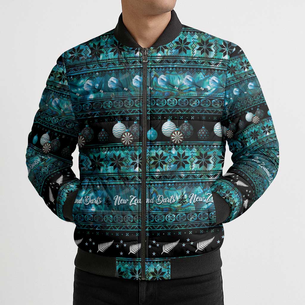 New Zealand Darts Christmas Bomber Puffer Jacket Merry Xmas Aotearoa Maori Paua Shell - Polynesian Pride