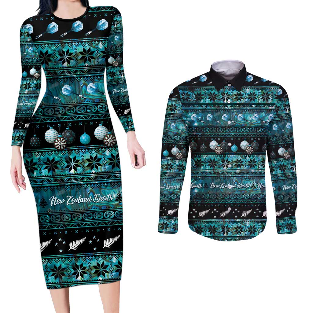 New Zealand Darts Christmas Couples Matching Long Sleeve Bodycon Dress and Long Sleeve Button Shirt Merry Xmas Aotearoa Maori Paua Shell - Polynesian Pride