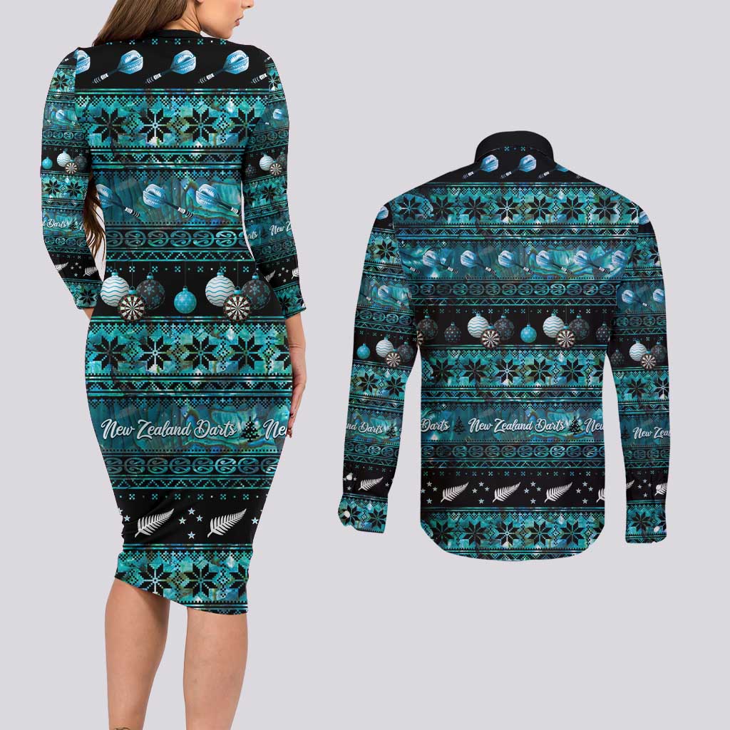 New Zealand Darts Christmas Couples Matching Long Sleeve Bodycon Dress and Long Sleeve Button Shirt Merry Xmas Aotearoa Maori Paua Shell - Polynesian Pride