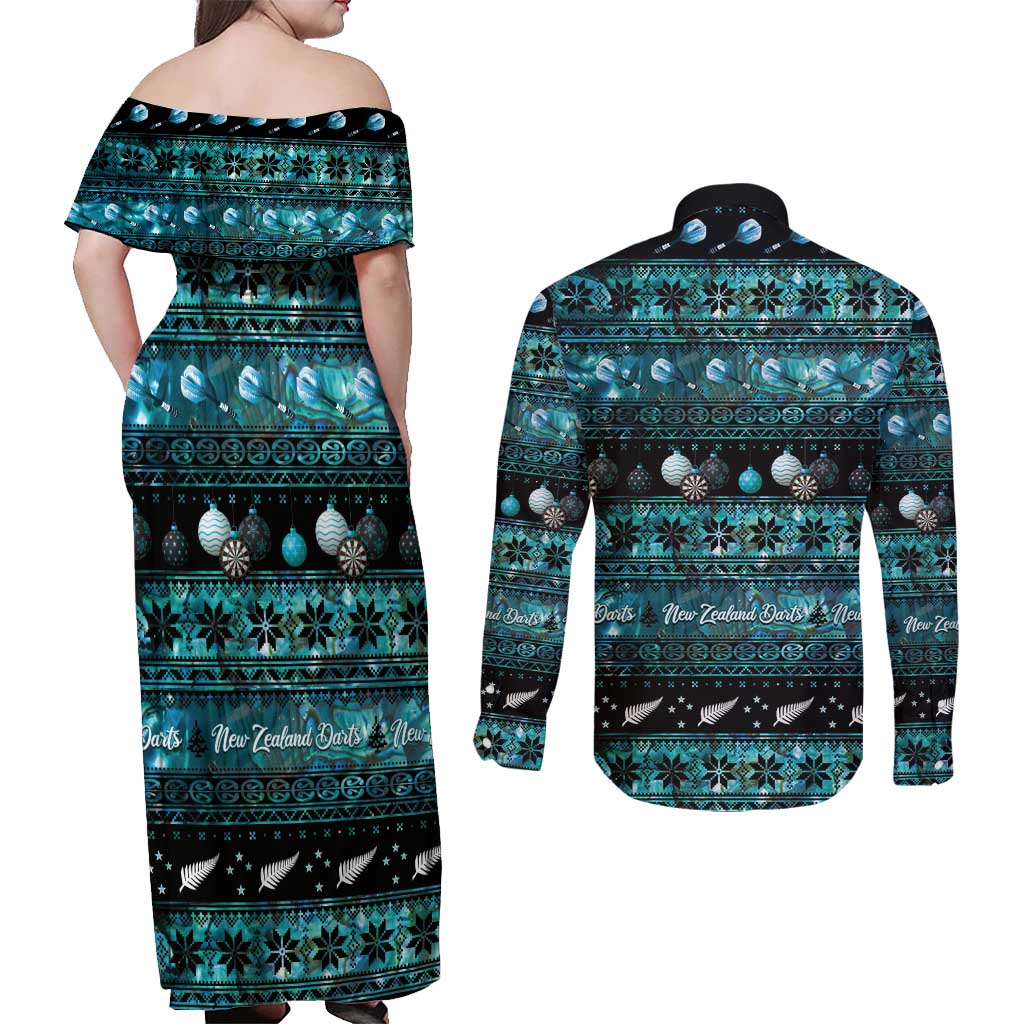 New Zealand Darts Christmas Couples Matching Off Shoulder Maxi Dress and Long Sleeve Button Shirt Merry Xmas Aotearoa Maori Paua Shell - Polynesian Pride