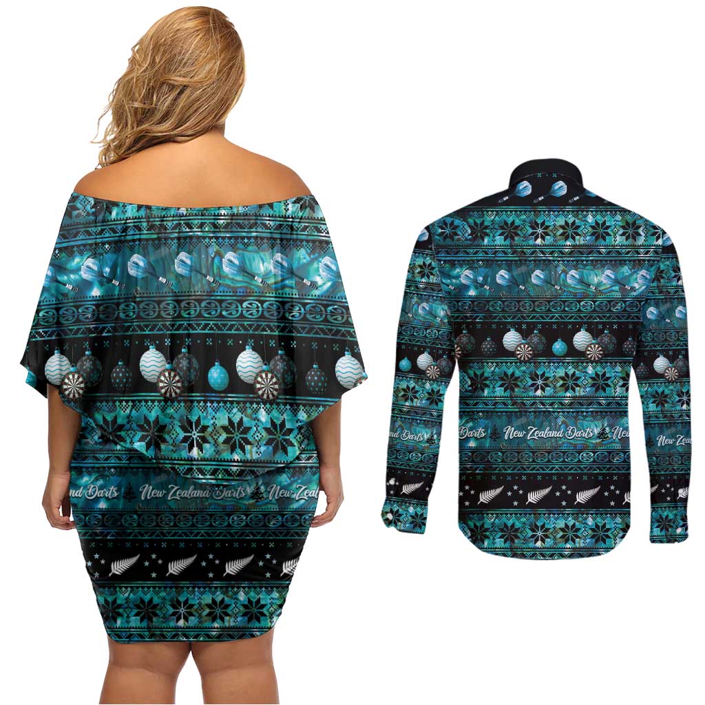 New Zealand Darts Christmas Couples Matching Off Shoulder Short Dress and Long Sleeve Button Shirt Merry Xmas Aotearoa Maori Paua Shell - Polynesian Pride