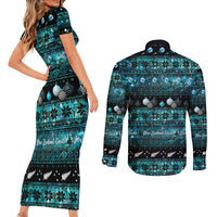 New Zealand Darts Christmas Couples Matching Short Sleeve Bodycon Dress and Long Sleeve Button Shirt Merry Xmas Aotearoa Maori Paua Shell - Polynesian Pride