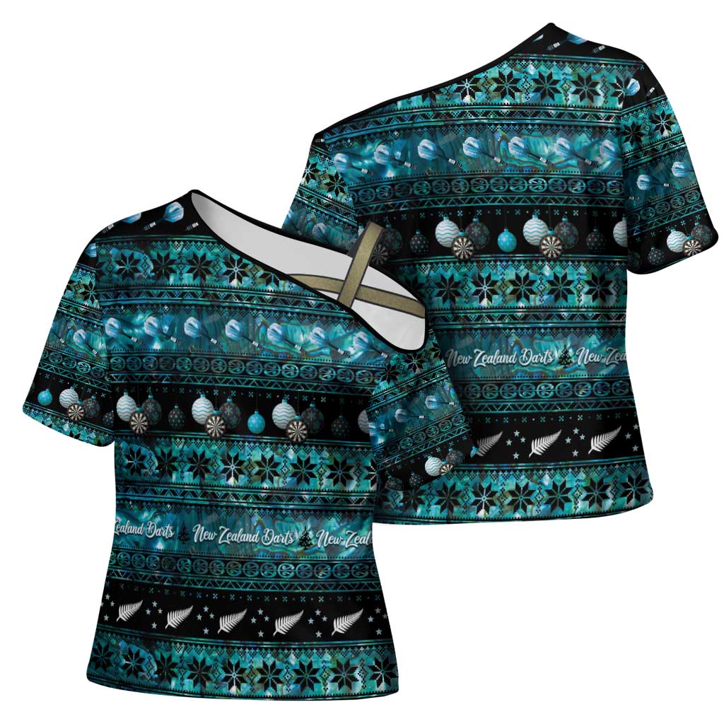 New Zealand Darts Christmas Cross Shoulder Shirt Merry Xmas Aotearoa Maori Paua Shell - Polynesian Pride