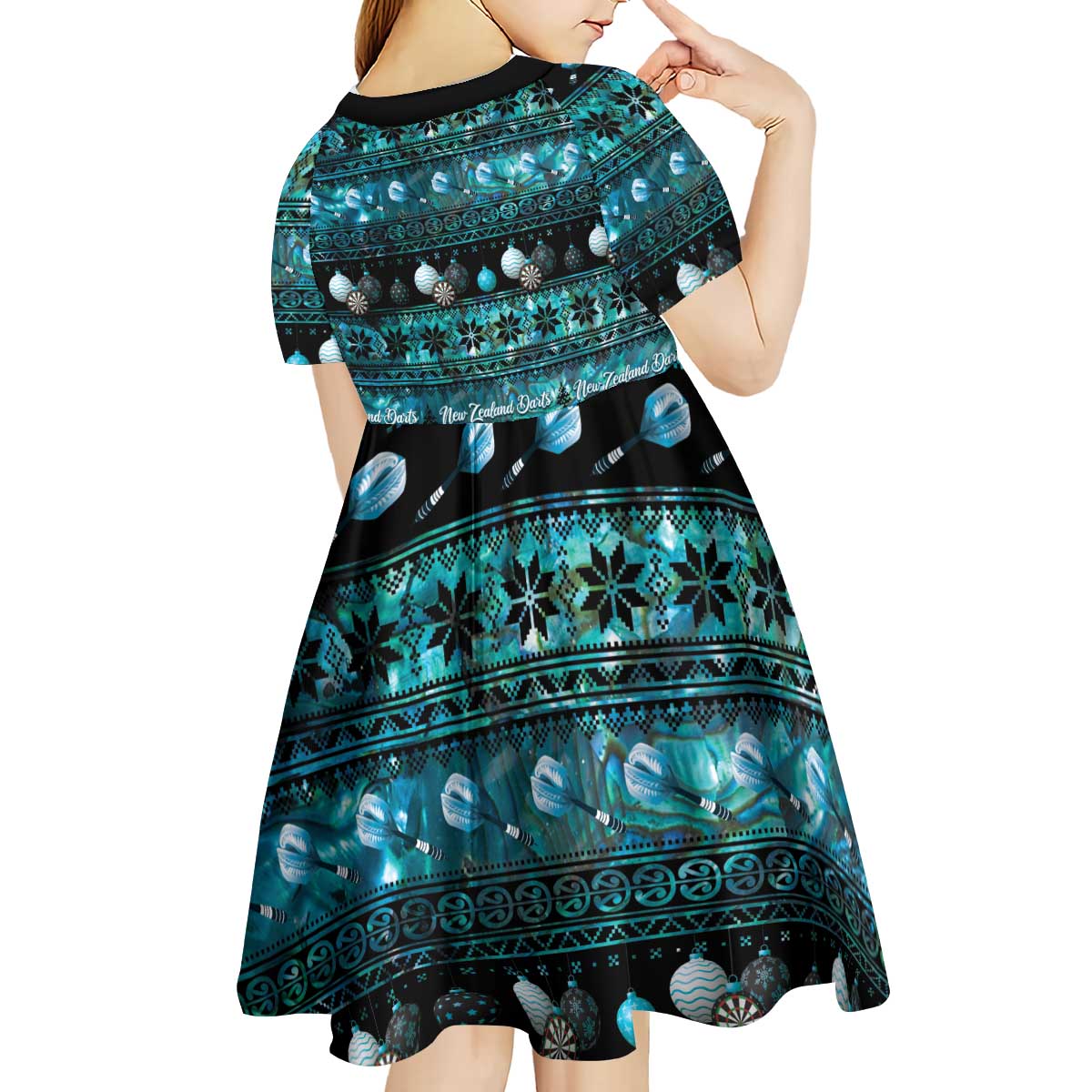 New Zealand Darts Christmas Kid Short Sleeve Dress Merry Xmas Aotearoa Maori Paua Shell - Polynesian Pride