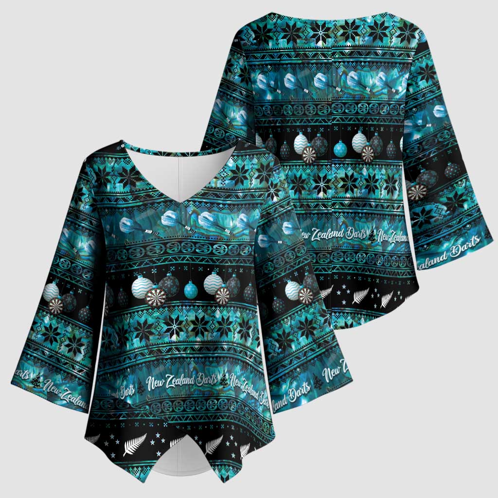 New Zealand Darts Christmas Kimono Sleeve Blouse Merry Xmas Aotearoa Maori Paua Shell - Polynesian Pride