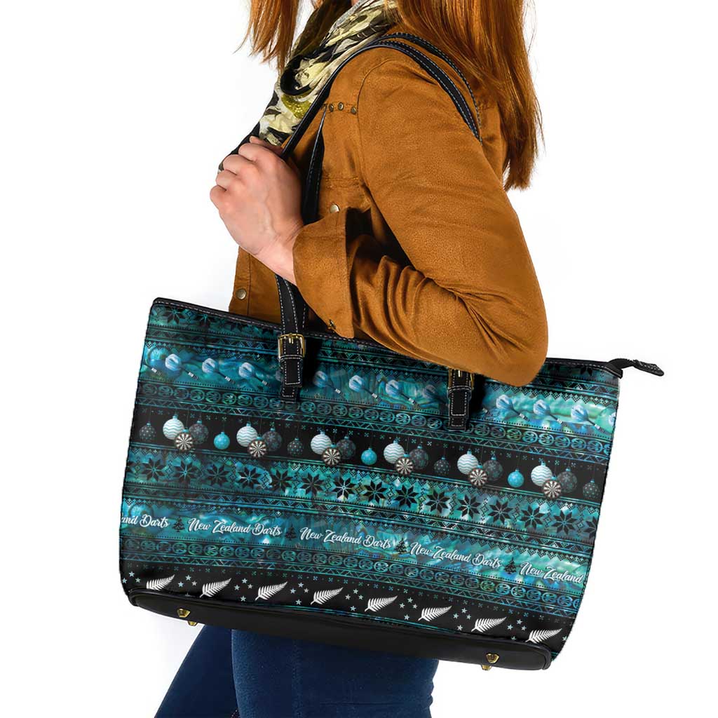 New Zealand Darts Christmas Leather Tote Bag Merry Xmas Aotearoa Maori Paua Shell - Polynesian Pride
