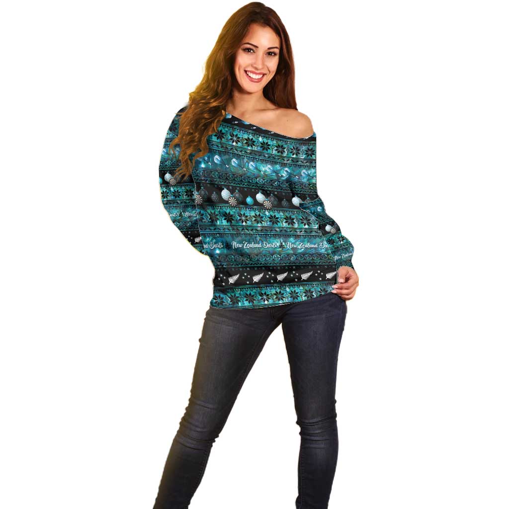 New Zealand Darts Christmas Off Shoulder Sweater Merry Xmas Aotearoa Maori Paua Shell - Polynesian Pride