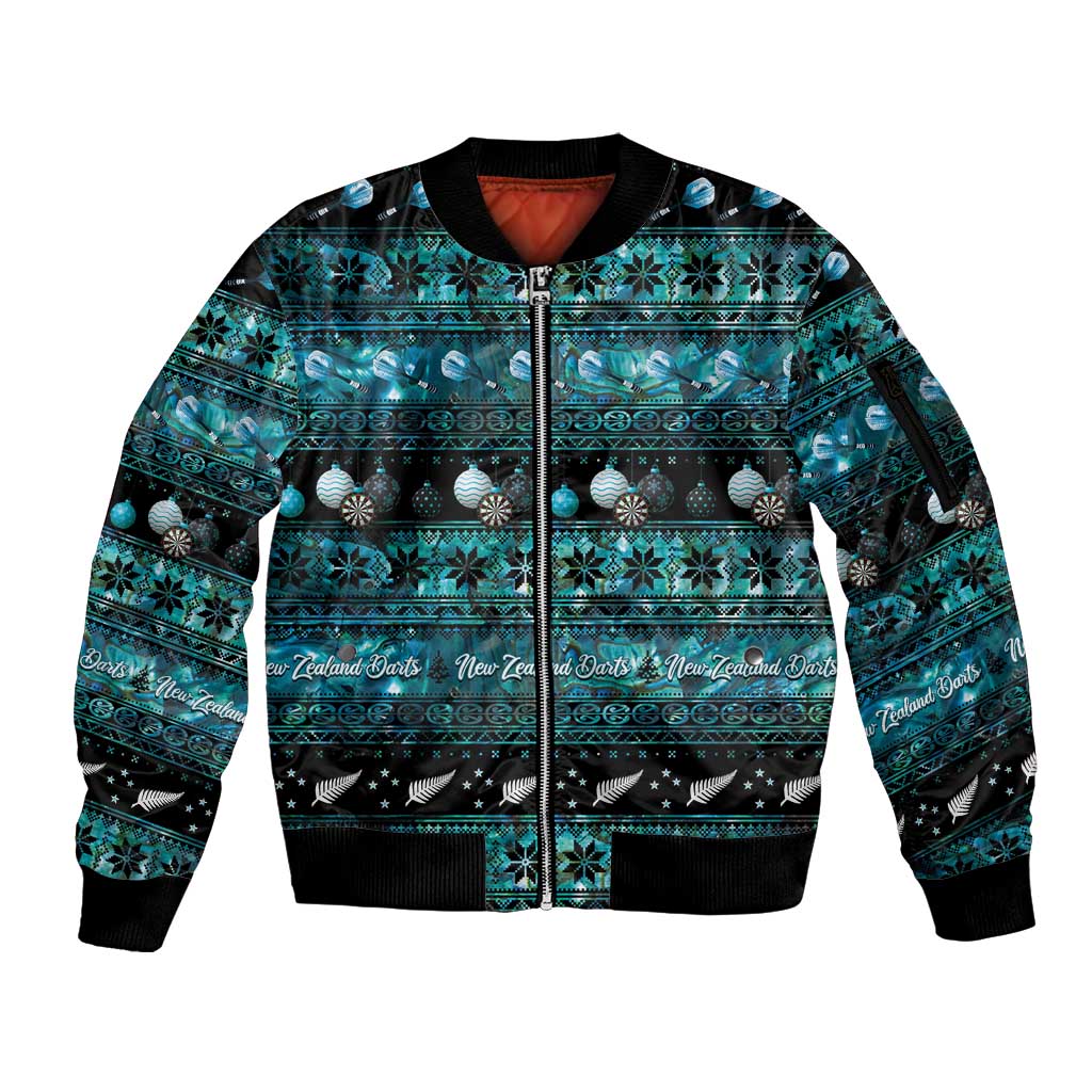 New Zealand Darts Christmas Sleeve Zip Bomber Jacket Merry Xmas Aotearoa Maori Paua Shell - Polynesian Pride