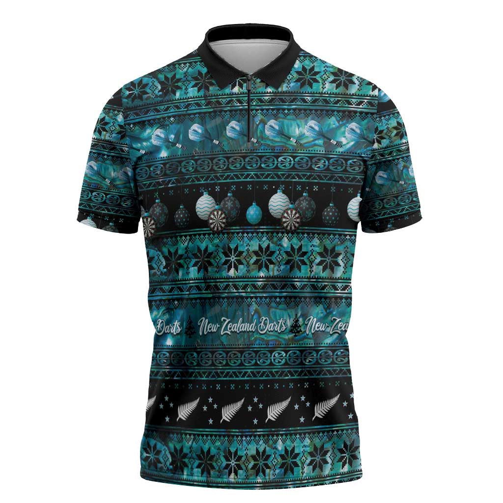 New Zealand Darts Christmas Zipper Polo Shirt Merry Xmas Aotearoa Maori Paua Shell - Polynesian Pride