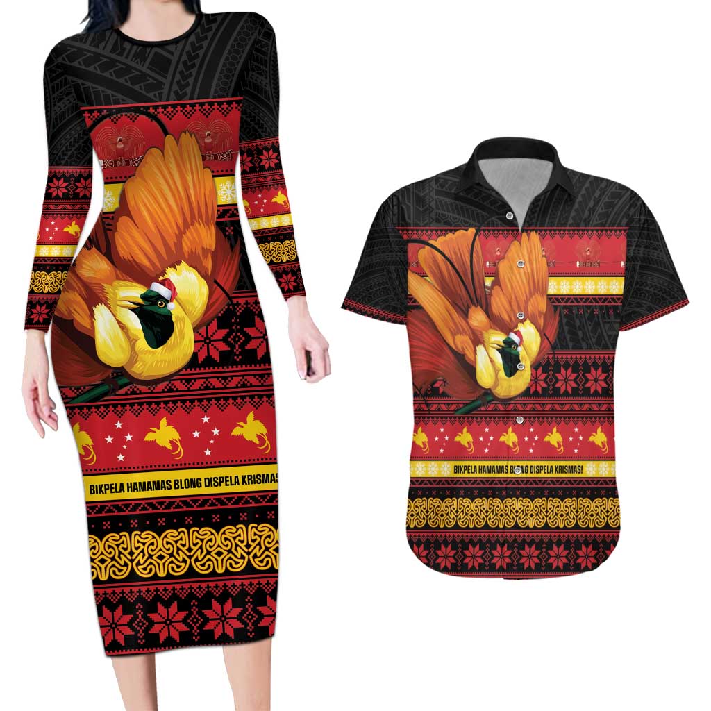 Papua New Guinea Christmas Couples Matching Long Sleeve Bodycon Dress and Hawaiian Shirt Bikpela hamamas blong dispela Krismas LT14 Red - Polynesian Pride