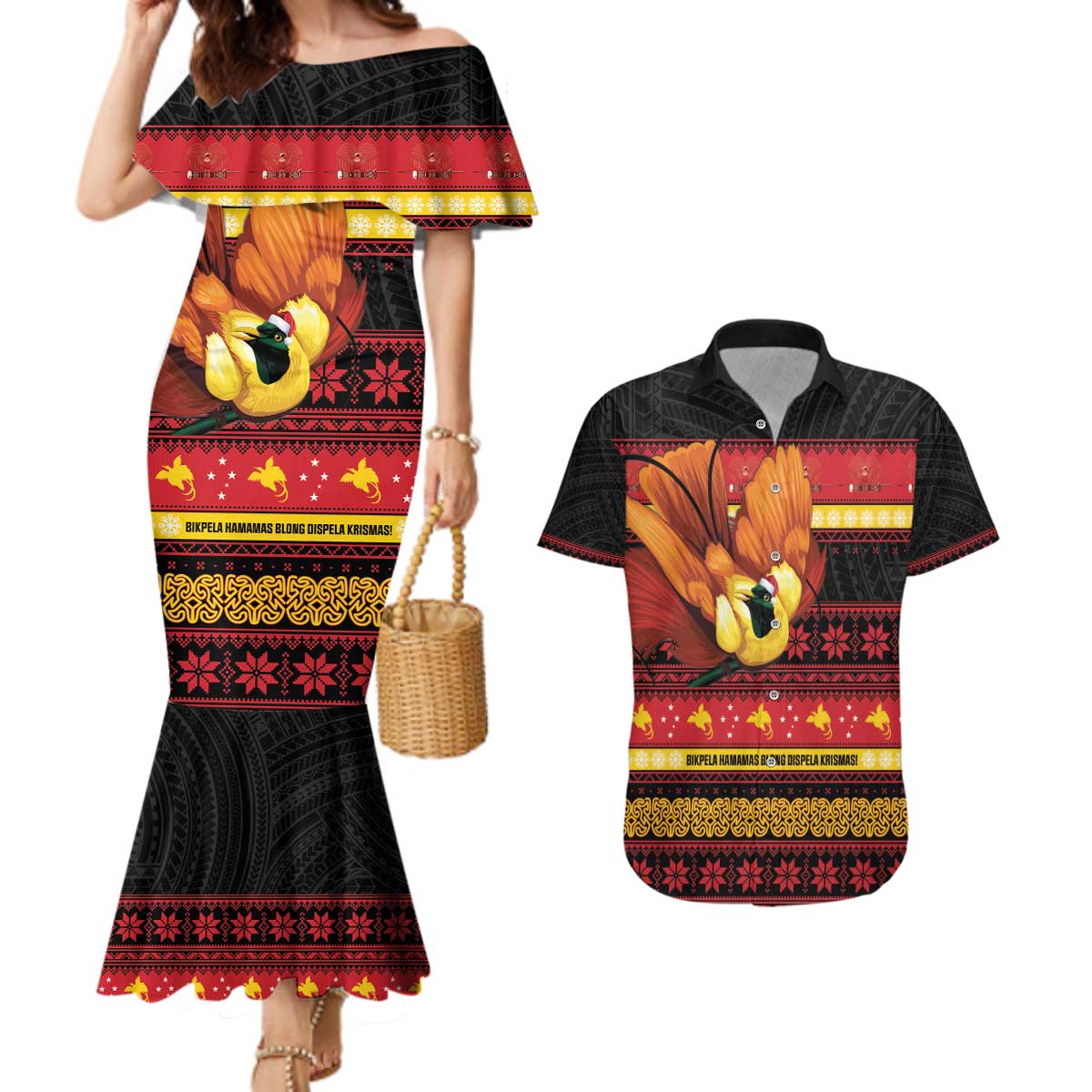 Papua New Guinea Christmas Couples Matching Mermaid Dress and Hawaiian Shirt Bikpela hamamas blong dispela Krismas LT14 Red - Polynesian Pride