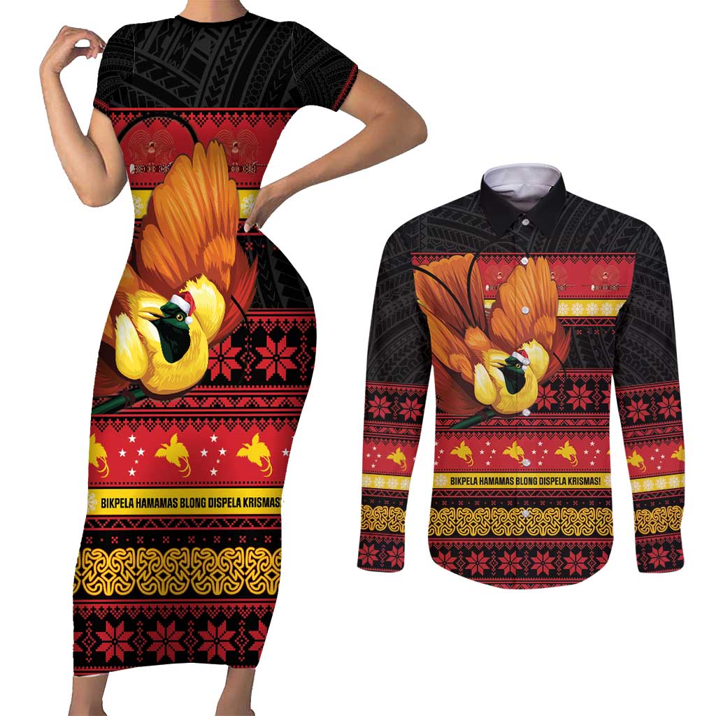 Papua New Guinea Christmas Couples Matching Short Sleeve Bodycon Dress and Long Sleeve Button Shirt Bikpela hamamas blong dispela Krismas - Polynesian Pride